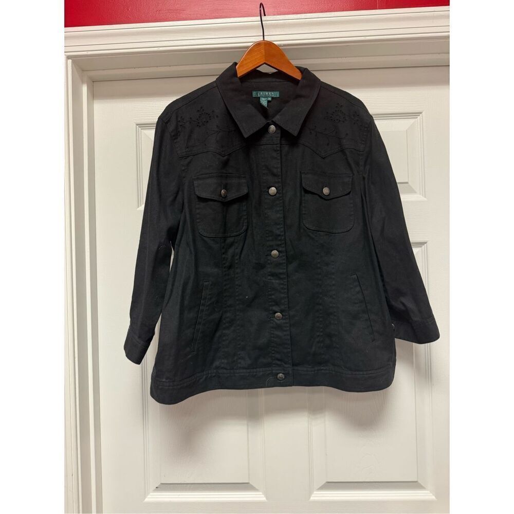 Lauren Ralph Lauren Black Linen Blend Denim Style Eyelet Cut Out Jacket sz 3X  E - Picture 2 of 7